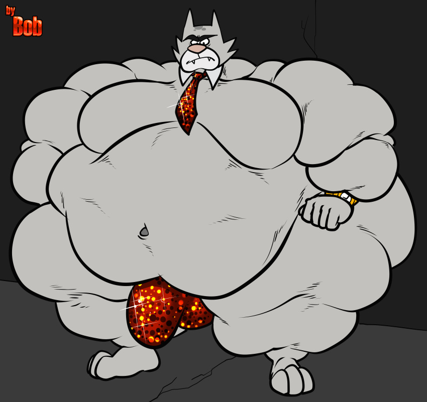 absurd_res belly big_belly bobthetanuki bulge clothing feline hi_res hyper hyper_belly mammal morbidly_obese mostly_nude necktie obese overweight simple_background the_jackbox_party_pack thong wristwatch