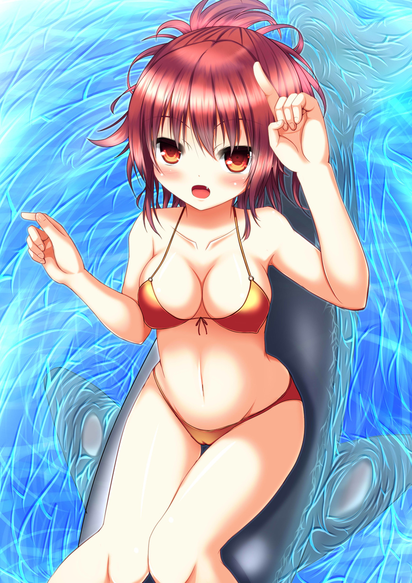 absurdres bangs bare_arms bare_shoulders bikini blush breasts cameltoe cleavage collarbone dolphin fang front-tie_bikini front-tie_top highres looking_at_viewer medium_breasts moe2014 navel nyarumi o-ring o-ring_top open_mouth original red_eyes red_hair riding shiny shiny_skin short_hair solo swimsuit thigh_gap water