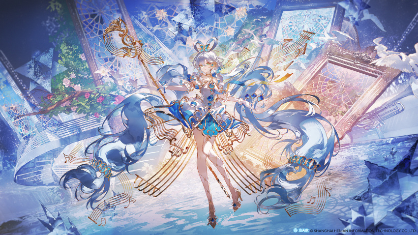1girl blue_background blue_dress blue_hair blue_ribbon blue_skirt branch bud building chinese_commentary chinese_hairpin closed_mouth commentary_request dress flower full_body glasses glove_bow gloves green_eyes grey_hair hair_ornament high_heels highres holding holding_wand holding_weapon horizon legs long_hair looking_at_viewer luo_tianyi mage_staff multicolored_hair muscular muscular_female music musical_note musical_note_belt musical_note_hair_ornament musical_note_ornament musical_staff musical_staff_print ocean pantyhose photo_background picture_frame pink_flower red_flower ribbon rock satsuya shadow shirt shore skinny skirt smile socks solo staff stairs standing tree twintails very_long_hair vocaloid vsinger_(vocaloid) wand water weapon white_dress white_gloves white_hair white_shirt window