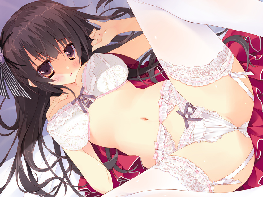 1girl bare_shoulders bed_sheet bra breast_suppress breasts brown_eyes brown_hair dress dress_removed female fingernails game_cg garter_belt garter_straps hair_ornament hands indoors lace lace-trimmed_bra lace-trimmed_panties lace-trimmed_thighhighs legs lingerie long_hair looking_at_viewer lying motosuwa_matsuri navel on_back one-piece_swimsuit panties ribbon shade solo spread_legs swimsuit thighhighs tsurusaki_takahiro underwear white_background white_bra white_legwear white_panties