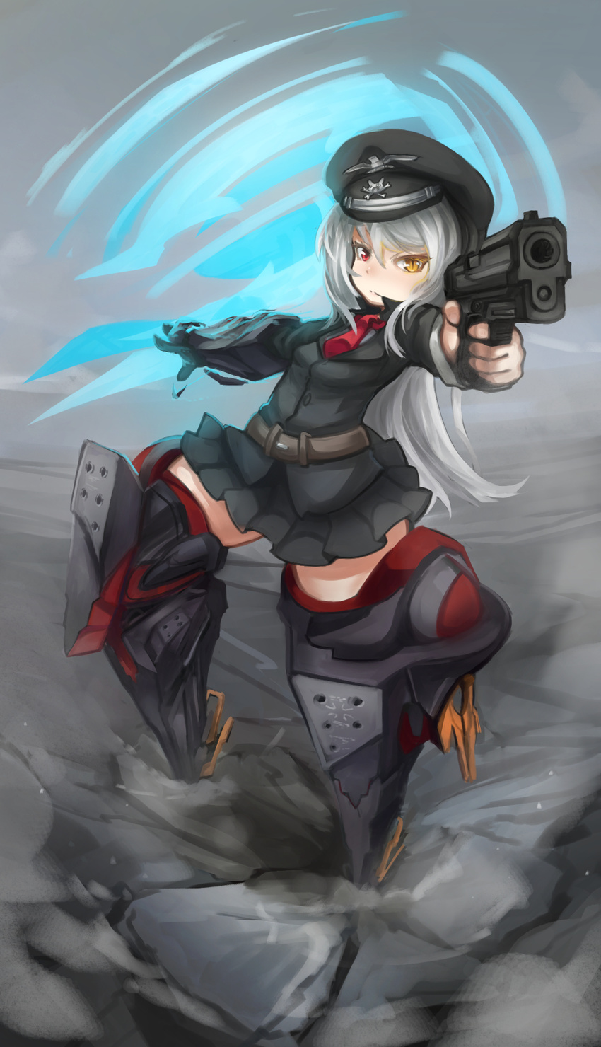 arceonn gloves ground_shatter gun h&amp;k_usp handgun hat heckler_&amp;_koch heterochromia highres infinite_stratos laura_bodewig long_hair mecha_musume military military_uniform necktie peaked_cap pistol red_eyes silver_hair single_glove skirt solo thighhighs uniform weapon yellow_eyes zettai_ryouiki