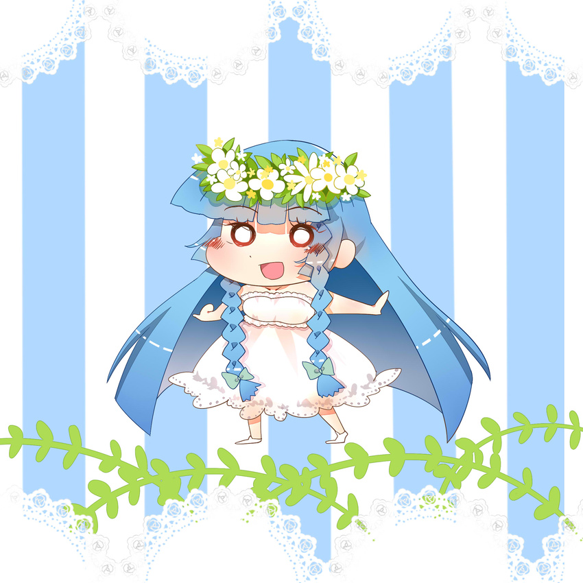 3000_xiao_chun :d blue_hair bow braid chibi flower hair_bow hair_ribbon head_wreath highres long_hair looking_at_viewer open_mouth original outstretched_arms ribbon smile solo spread_arms twin_braids