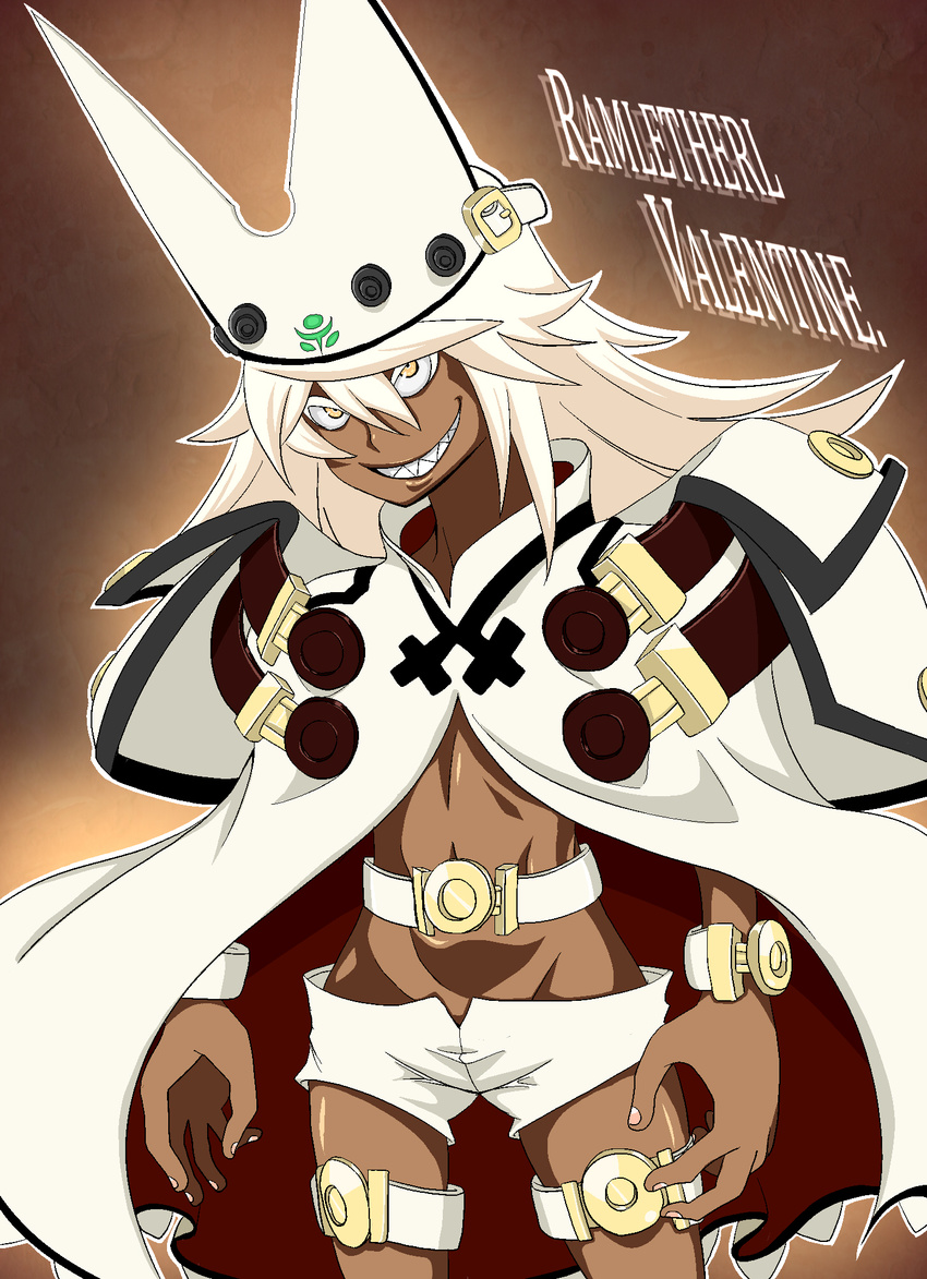 belt bracelet cape crazy_eyes dark_skin eito flat_chest grin guilty_gear guilty_gear_xrd hat highres jewelry long_hair ramlethal_valentine sharp_teeth short_shorts shorts smile solo teeth thigh_strap white_hair yellow_eyes