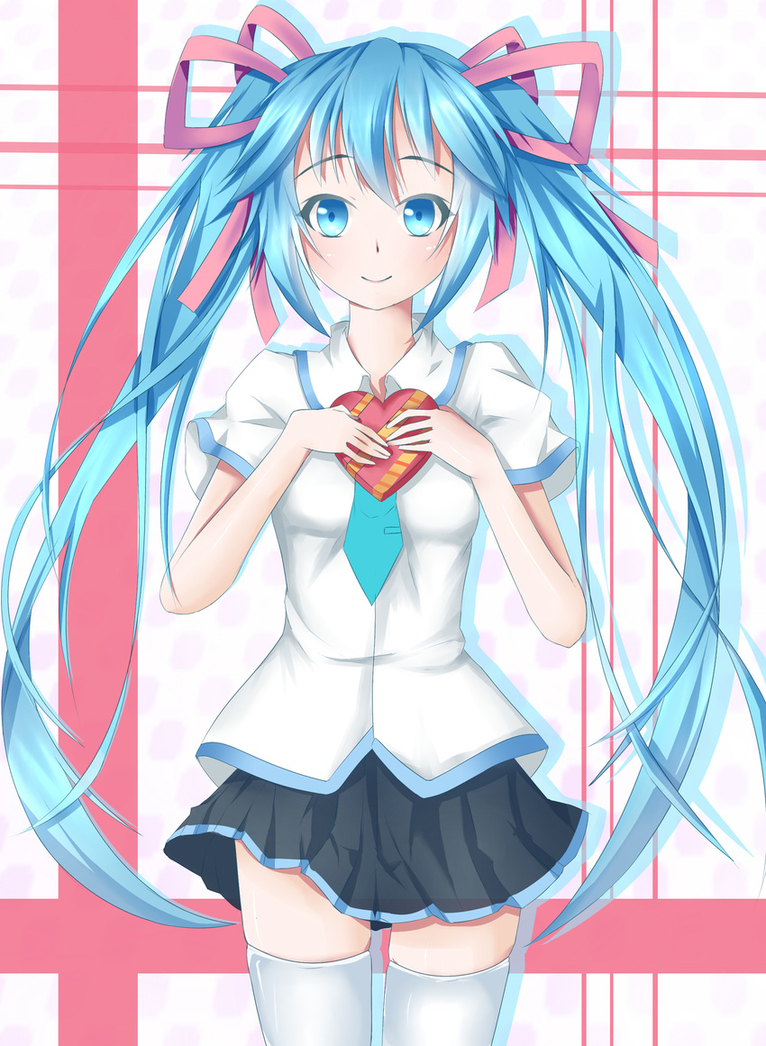absurdres blue_eyes blue_hair hair_ribbon hands_on_own_chest hatsune_miku heart highres long_hair mero_(ly21207) ribbon skirt smile solo thighhighs twintails very_long_hair vocaloid