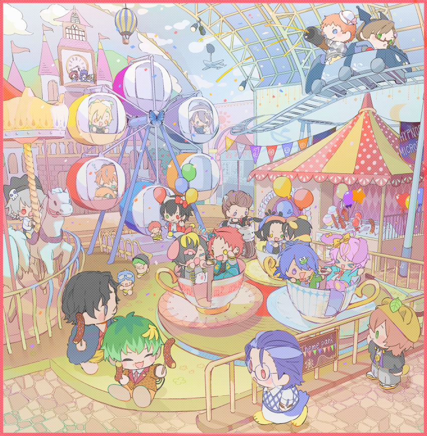 >_< 3girls 6+boys :3 :d :o ^_^ absurdres ahoge aimono_jyushi aimono_jyushi_(sanrio_nakayoku_edit) aircraft airplane amaguni_hitoya amaguni_hitoya_(sanrio_nakayoku_edit) amayado_rei amayado_rei_(sanrio_nakayoku_edit) amemura_ramuda amemura_ramuda_(sanrio_nakayoku_edit) amusement_park animal_ear_hairband animal_ears animal_legs animal_print antenna_hair aohitsugi_nemu aohitsugi_samatoki aohitsugi_samatoki_(sanrio_nakayoku_edit) arisugawa_dice arisugawa_dice_(sanrio_nakayoku_edit) arm_up bad_ass_temple badtz-maru balloon banner barefoot baseball_cap belt ben-day_dots beret black_coat black_hair black_hat black_jacket black_kimono blonde_hair blonde_streaks blue_eyes blue_hat blue_jacket blue_sky blush_stickers bonbonribbon border bottomless bow bowtie bracelet brown_hair brown_hat brown_jacket buster_bros!!! busujima_mason_rio busujima_mason_rio_(sanrio_nakayoku_edit) camouflage camouflage_shirt candy cannon carousel castle cat_ear_hairband cat_ears character_hair_ornament chocolate-covered_food chocolate_banana choppy_bangs closed_eyes cloud coat collared_shirt colored_eyelashes colored_inner_hair commentary confetti contrast_lapels cotton_candy cowlick crossed_bangs dixie_cup_hat dog_ear_hairband dog_ears dog_tail don_(goropikadon) dotsuitare_hompo ear_piercing earrings everyone extra_ears eyewear_on_head eyewear_strap face-to-face facial_hair fake_animal_ears fang ferris_wheel fling_posse food food-themed_hair_ornament food_on_face food_on_head forehead fur_coat fusion gingham_sweater_vest giving glass_ceiling gloves gold_trim goro_(goropikadon) goropikadon green_eyes green_hair green_streaks grey_eyes grey_hakama grey_jacket grey_shirt hair_between_eyes hair_bow hair_ornament hair_over_one_eye hair_slicked_back hairband hakama half-closed_eye hands_up harai_kuko harai_kuko_(sanrio_nakayoku_edit) hasunoue_keroppi hat hat_ornament hello_kitty hello_kitty_(character) heterochromia highres holding holding_balloon holding_cannon holding_food hood hoodie hot_air_balloon hypnosis_mic ikayaki indoors izanami_hifumi izanami_hifumi_(sanrio_nakayoku_edit) jacket jacket_over_hoodie japanese_clothes jester_cap jewelry jinguji_jakurai jinguji_jakurai_(sanrio_nakayoku_edit) kadenokoji_ichijiku kannonzaka_doppo kannonzaka_doppo_(sanrio_nakayoku_edit) kero_kero_keroppi kimono kirimichan. kisaragi_koubana kotonohatoh lapels leaf leaf_on_head letterman_jacket lollipop long_hair looking_at_another looking_back loose_hair_strand mad_trigger_crew matenro_(hypnosis_mic) military_hat mole mole_under_eye monkey_ears monkey_tail motor_vehicle motorcycle multicolored_hair multicolored_jacket multiple_boys multiple_girls mustache_stubble my_melody my_melody_(series) neck_ribbon necktie nurude_sasara nurude_sasara_(sanrio_nakayoku_edit) object_on_head open_clothes open_jacket open_mouth outstretched_arms parted_bangs patapatapeppy pawpads piercing pika_(goropikadon) pink_border pink_hair pochacco pokopon_nikki pompadour pompompurin purple_eyes purple_hair purple_streaks rabbit_ears railing raised_eyebrows raised_inner_eyebrows reading rectangular_eyewear red_bow red_bowtie red_eyes red_gloves red_jacket red_necktie red_ribbon red_shirt ribbon roller_coaster round_eyewear sandals sanrio scar scar_across_eye scar_on_face screentones shirt short_hair sign skin_fang skull_hat_ornament sky sleeping smile socks spinning_teacup stage_lights stone_floor streaked_hair stubble stud_earrings suit_jacket sukajan sweater_vest tail tiger_print tohoten_otome triangle_mouth tsutsujimori_rosho tsutsujimori_rosho_(sanrio_nakayoku_edit) two-tone_jacket v-shaped_eyebrows very_short_hair vest watch white_hair white_hoodie white_jacket white_shirt white_socks wristwatch yamada_ichiro yamada_ichiro_(sanrio_nakayoku_edit) yamada_jiro yamada_jiro_(sanrio_nakayoku_edit) yamada_saburo yamada_saburo_(sanrio_nakayoku_edit) yellow_bow yellow_eyes yellow_hoodie yumeno_gentaro yumeno_gentaro_(sanrio_nakayoku_edit)