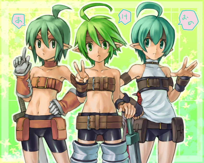 :&lt; ahoge beltbra bike_shorts bream-tan choker collarbone cowboy_shot disgaea expressionless female_warrior_(disgaea) flat_chest gloves green_background green_eyes green_hair hand_on_hip happy_new_year headband highres looking_at_viewer multiple_girls multiple_persona navel new_year pointy_ears shirt short_hair sleeveless sleeveless_shirt sword translated v weapon white_shirt