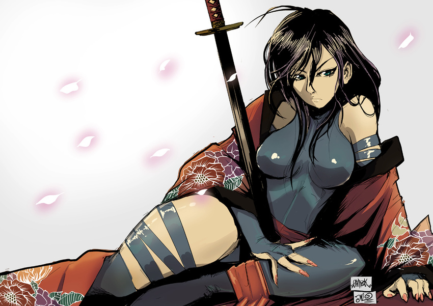 arm_support bare_shoulders black_hair blue_eyes blue_leotard bridal_gauntlets floral_print frown japanese_clothes jinbei katana kimono leotard long_hair marvel nail_polish petals psylocke reclining sitting solo sword thighhighs weapon x-men