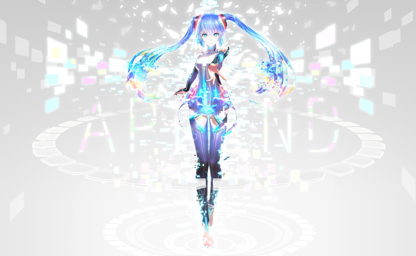 anklet aqua_eyes barefoot blue_hair bridal_gauntlets digital_dissolve floating_hair green_eyes hatsune_miku hatsune_miku_(append) highres iori_yakatabako jewelry long_hair outstretched_arm solo thighhighs twintails very_long_hair vocaloid vocaloid_append