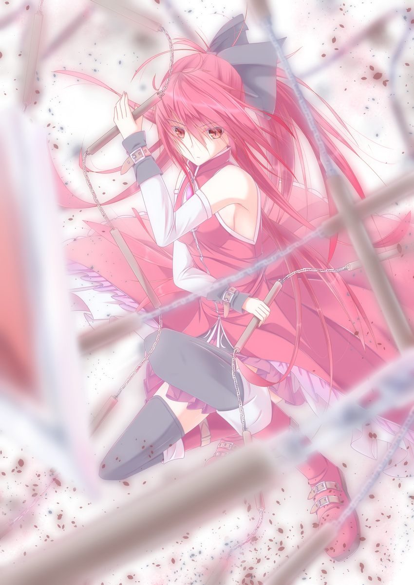 bare_shoulders black_legwear boots chain detached_sleeves hair_ribbon highres long_hair magical_girl mahou_shoujo_madoka_magica nagishiro_mito polearm ponytail red_eyes red_hair ribbon sakura_kyouko slit_pupils solo spear thighhighs weapon