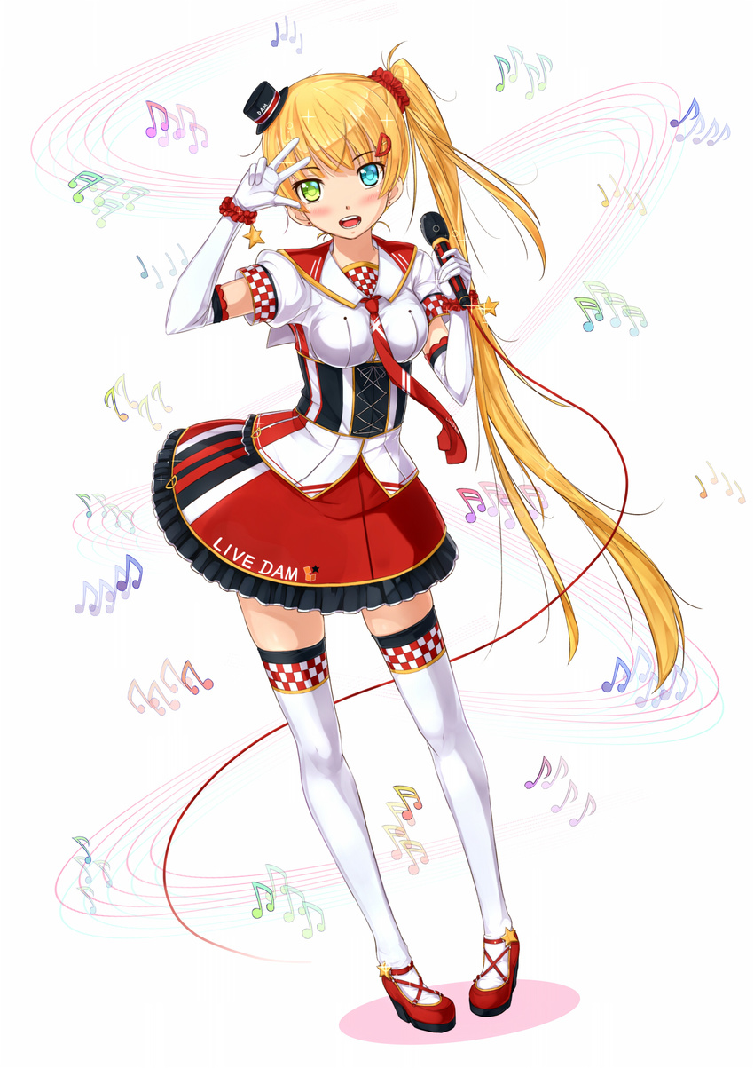 :d aqua_eyes beamed_eighth_notes beamed_sixteenth_notes blonde_hair breasts checkered checkered_trim clothes_writing cross-laced_clothes cross-laced_footwear dress eighth_note elbow_gloves full_body gloves green_eyes hair_ornament hat heterochromia highres kazeno long_hair looking_at_viewer medium_breasts microphone mini_hat mini_top_hat musical_note necktie open_mouth original quarter_note red_footwear red_neckwear scrunchie shoes side_ponytail simple_background skirt smile solo staff_(music) standing star thighhighs top_hat very_long_hair w white_background white_gloves white_legwear