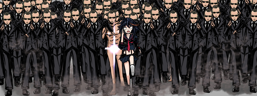 agent_smith censored clothed_female_nude_male crossover formal kill_la_kill matoi_ryuuko multiple_persona nude running senketsu suit sunglasses the_matrix