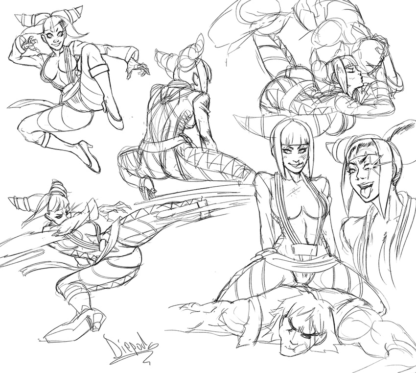 alternate_costume bodysuit boots breasts cleavage collage diepod drill_hair fighting_stance gai_(final_fight) glowing glowing_eye greyscale han_juri high_heel_boots high_heels jumping kicking large_breasts licking_lips monochrome motion_blur naughty_face no_bra sketch street_fighter street_fighter_iv_(series) tongue tongue_out twin_drills
