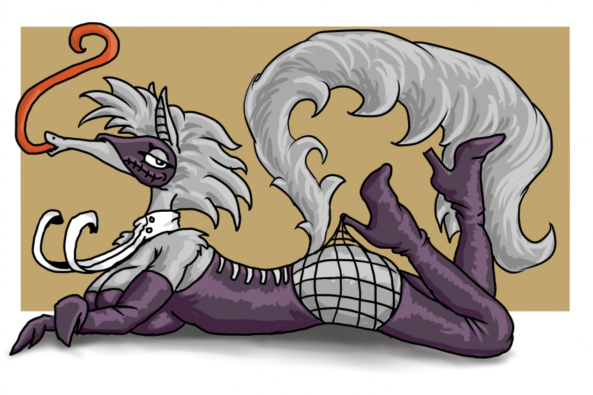 anteater anthro armwear bedroom_eyes bent_legs boots breasts butt cleavage clothed clothing crossed_arms dzemon elbow_gloves eyelashes female fishnet_clothing fishnet_legwear fluffy fluffy_tail footwear fur glistening glistening_clothing gloves grey_body grey_fur handwear hi_res high_heeled_boots high_heels kuhara legwear long_snout long_tail long_tongue looking_at_viewer lying mammal mask medium_breasts narrowed_eyes on_front pilosan plantigrade purple_clothing purple_footwear purple_gloves purple_handwear purple_high_heels purple_legwear raised_heel red_tongue seductive shirt_collar shoes side_view simple_background snout solo tail tongue tongue_out wearing_mask xenarthran zhmernalt