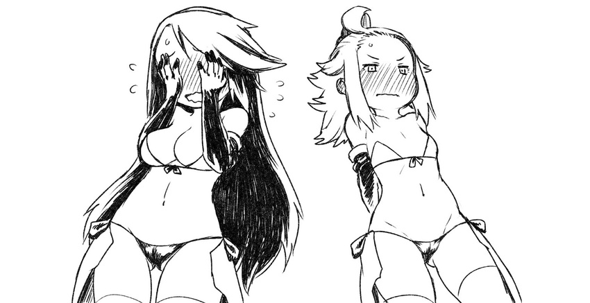 2girls agnes_oblige artist_request bikini blush bravely_default:_flying_fairy breasts cleavage covering_face edea_lee large_breasts long_hair multiple_girls short_hair small_breasts swimsuit