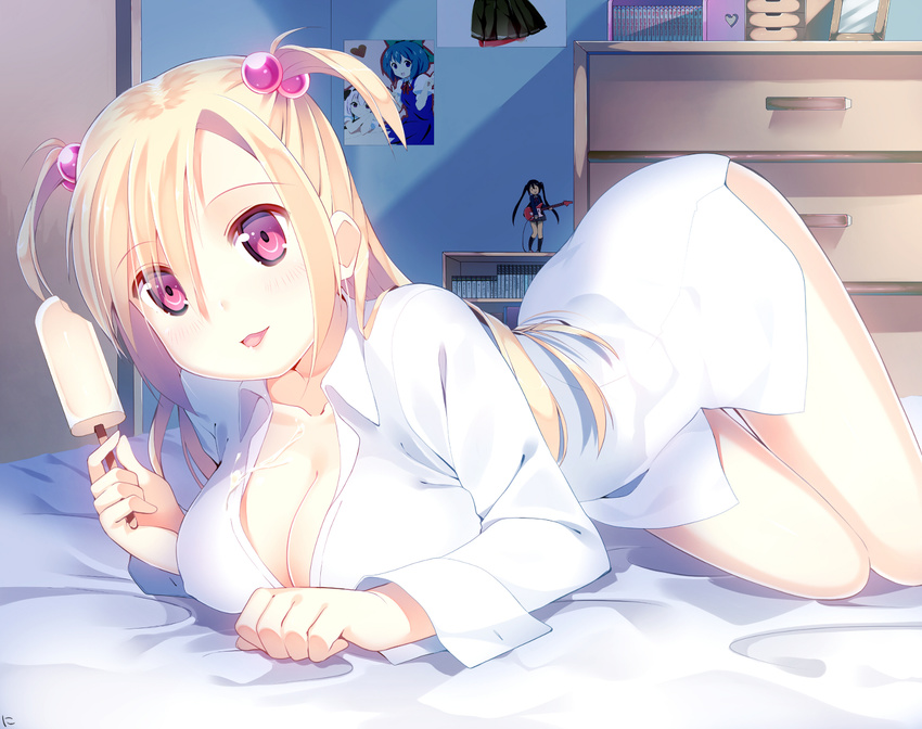 bare_legs blonde_hair breasts cirno cleavage covered_nipples figure food ice_cream k-on! konpaku_youmu large_breasts long_hair looking_at_viewer nakano_azusa naked_shirt niwashi_(yuyu) on_bed open_mouth original red_eyes shirt smile solo touhou two_side_up