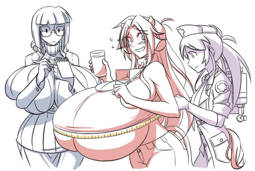 breast_expansion breasts bust_measuring cow_girl curvy gigantic_breasts glasses matsu-sensei mattie_(matsu-sensei) measuring milk raine_(matsu-sensei) underboob wide_hips