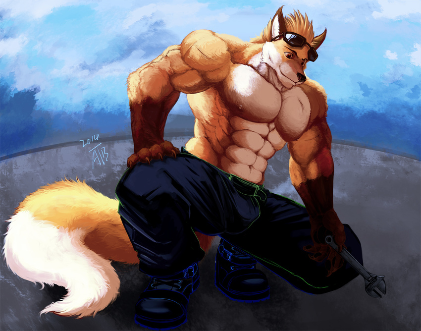 abs anthro belt biceps big_breasts big_muscles black_nose breasts brown_eyes brown_fur bulge canine claws clothing crouching eyewear footwear fox fur glasses hair linlvjia male mammal muscles nipples pants pecs pose shoes smile solo sunglasses tan_fur toned topless white_fur