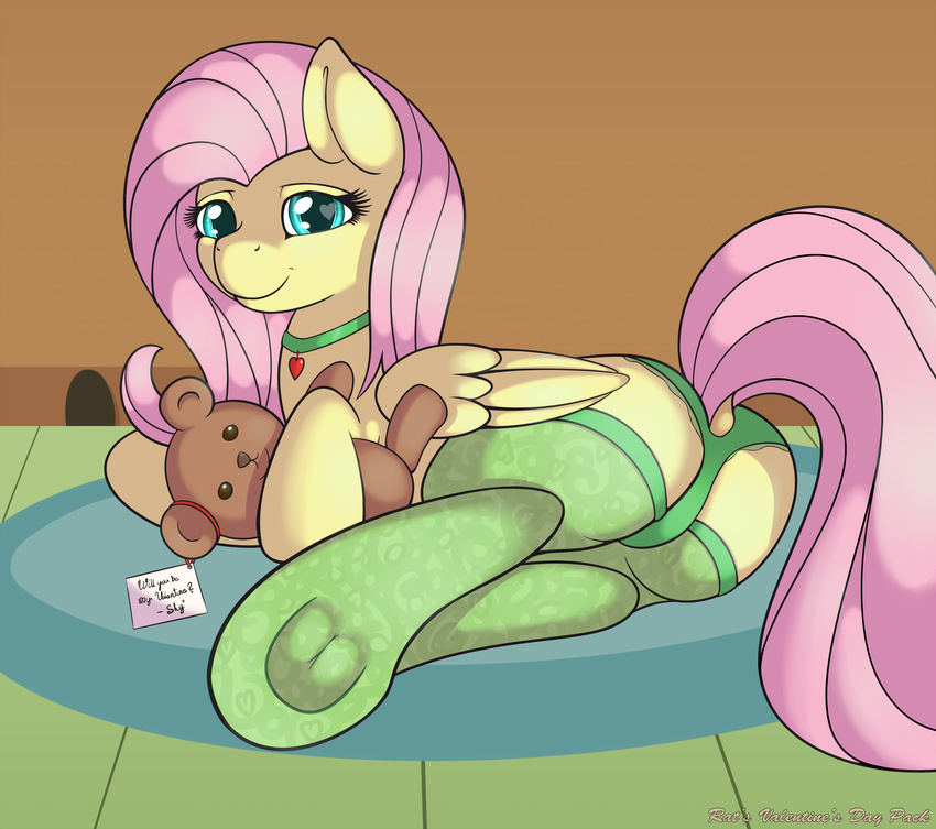 absurd_res blue_eyes carpet english_text equine feathers female feral fluttershy_(mlp) friendship_is_magic fur hair hi_res hooves horse inside legwear long_hair looking_at_viewer lying mammal my_little_pony necklace on_side panties pegasus pink_hair pony raised_tail ratofdrawn shaded simple_background smile solo stockings teddy_bear text underwear wings yellow_fur