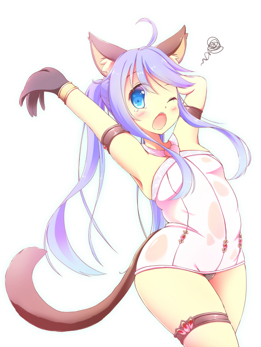animal_ears arm_behind_head armpits arms_up blue_eyes blue_hair blush bodysuit cat_ears cowboy_shot elin_(tera) gloves highres kt_cano long_hair one_eye_closed open_mouth simple_background solo stretch tail tears tera_online thighlet thighs white_background wide_hips yawning