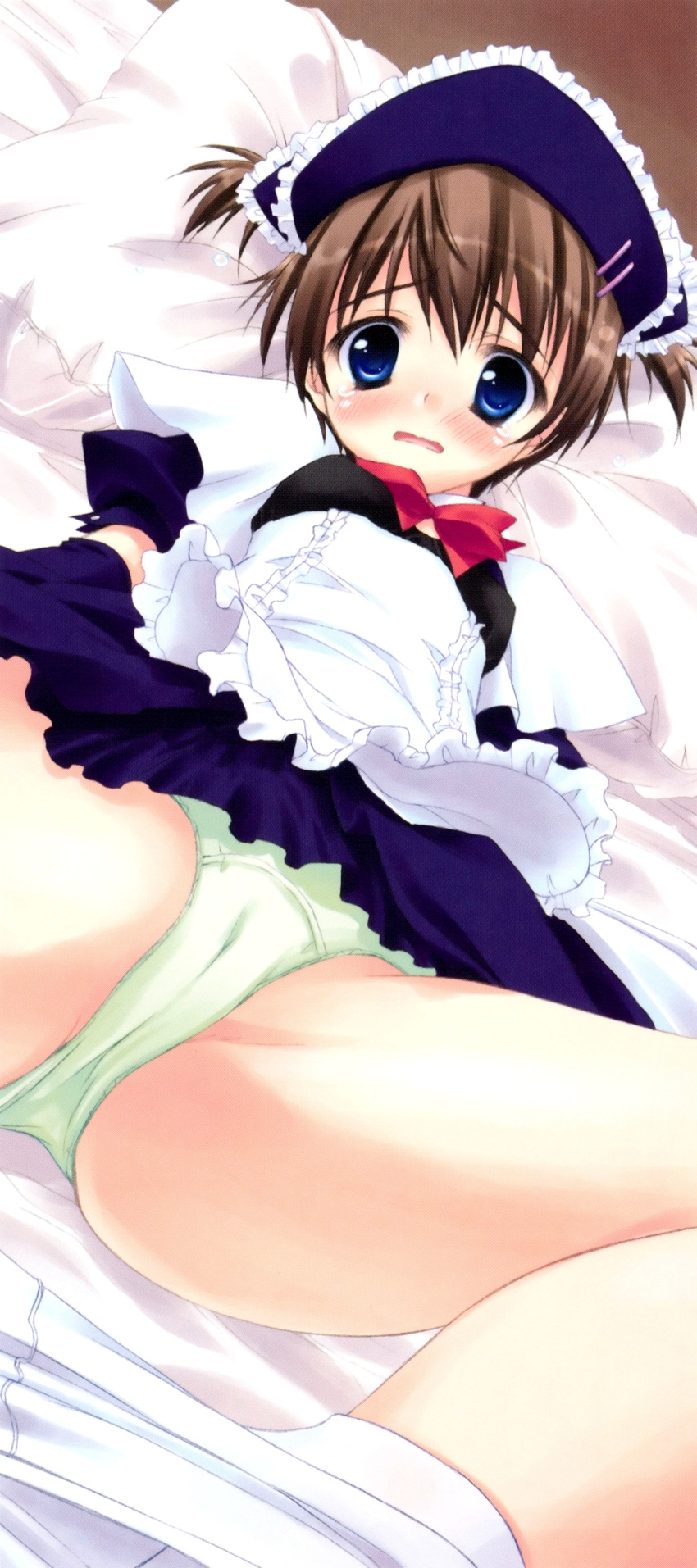 absurdres blue_eyes blush brown_hair cameltoe d: green_panties hat highres lying maid open_mouth panties pillow ryouka_(suzuya) scan solo spread_legs tears two_side_up underwear upskirt wavy_mouth
