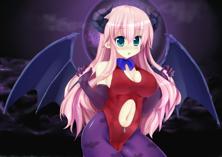 :o animal_print baka_to_test_to_shoukanjuu bare_shoulders bat_print bat_wings breasts cleavage contrapposto cowboy_shot demon_girl himeji_mizuki large_breasts leotard long_hair looking_at_viewer pantyhose parted_lips pink_hair pitui1996 print_legwear red_leotard solo standing succubus wings zipper