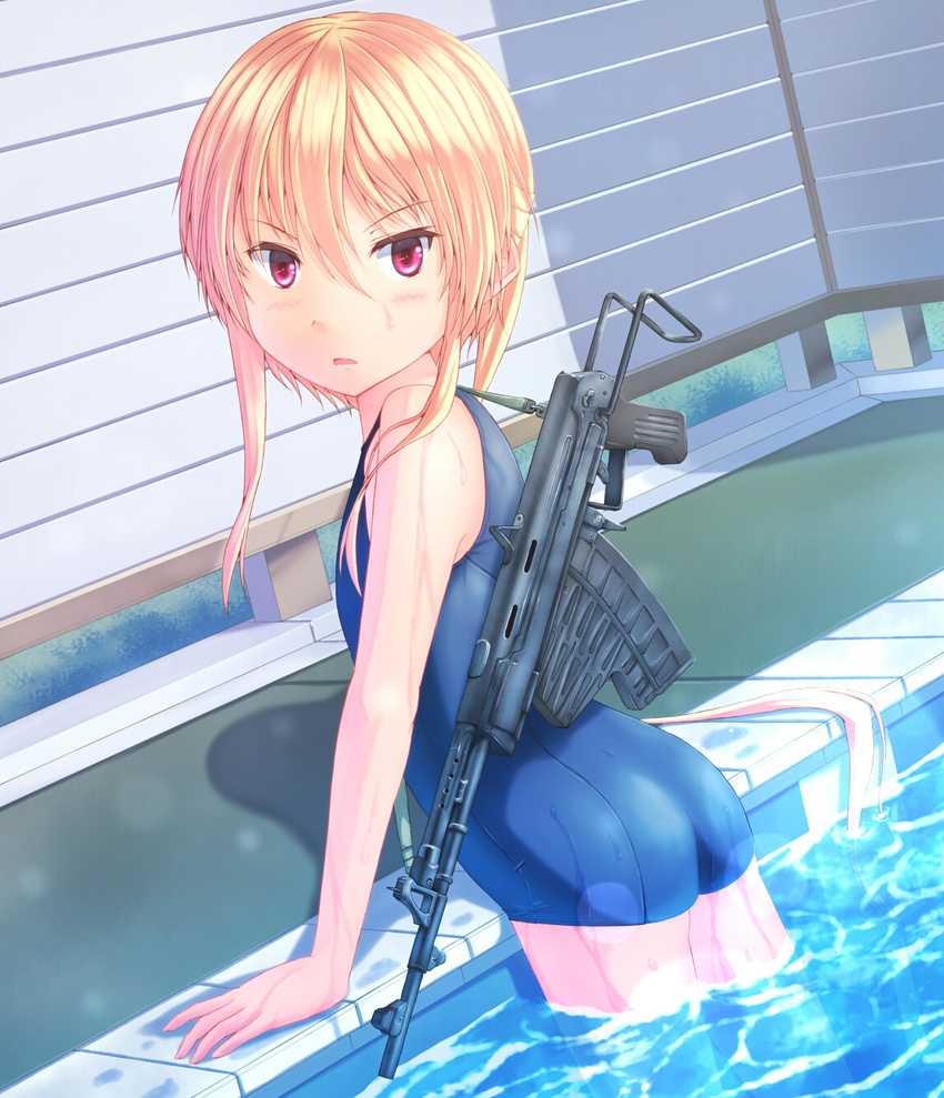 aps_rifle arm_support ass assault_rifle blonde_hair dreadtie dutch_angle gun highres jessica_jefferson long_hair one-piece_swimsuit original ponytail pool red_eyes rifle school_swimsuit sidelocks solo swimsuit very_long_hair water weapon wet