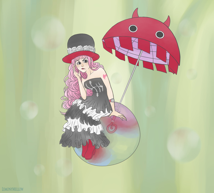 1girl artist_request bat_(symbol) bubble dress hat lemonymellow long_hair one_piece perona pink_hair sabaody_archipelago solo tattoo umbrella watch wristwatch