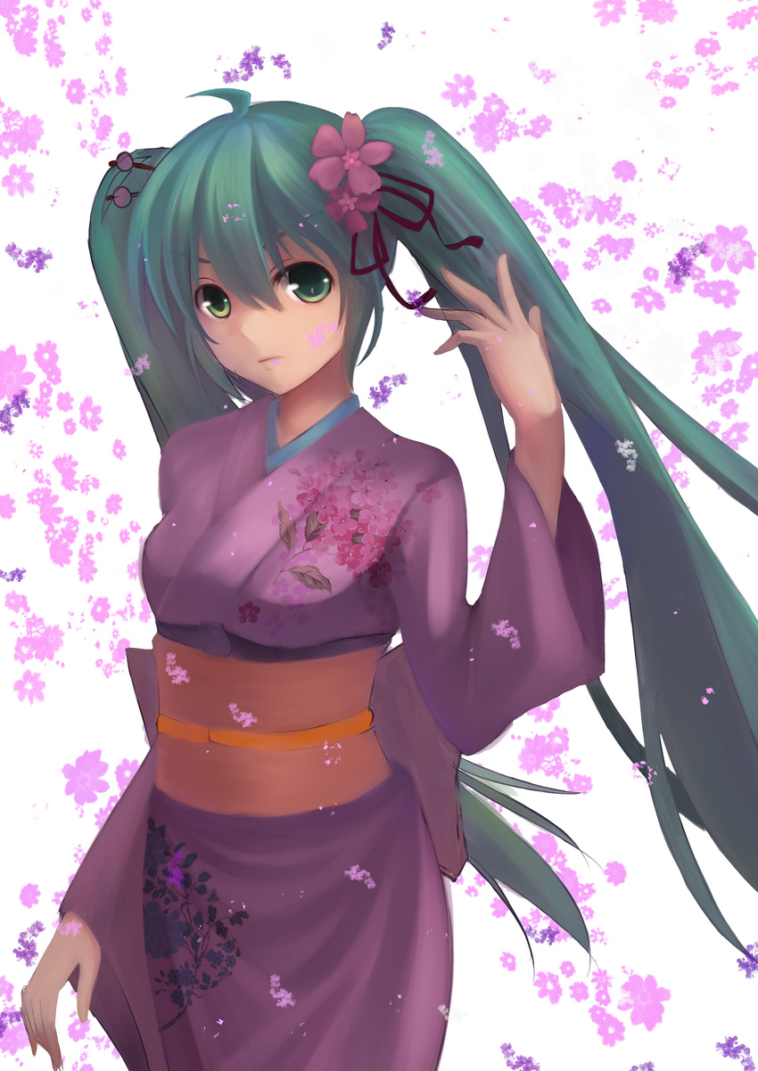 absurdres flower green_eyes green_hair hair_flower hair_ornament hatsune_miku highres japanese_clothes kimono long_hair obi sash solo twintails very_long_hair vocaloid youxuemingdie