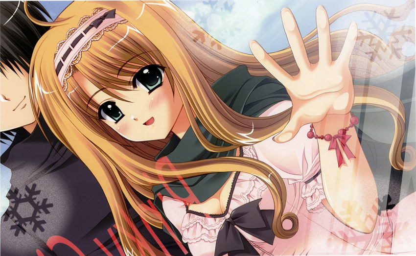 1boy 1girl :d absurdres against_glass ahoge black_hair blonde_hair blush bow bracelet breasts bust cleavage dress dutch_angle green_eyes hair_between_eyes hairband hands highres jewelry long_hair looking_at_viewer marriage_royale navel_(company) nishimata_aoi official_art open_hand open_mouth reflection resized scan scarf short_hair short_sleeves smile snowflakes solo_focus umeda_minami uniform upper_body wallpaper