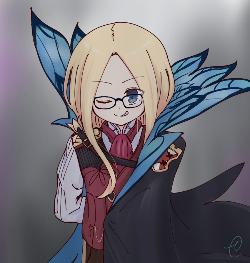 1girl abigail_williams_(fate/grand_order) arm_behind_back bangs black-framed_eyewear black_cape blonde_hair blue_cape blue_eyes blush brown_pants brown_vest cape commentary_request cosplay eyebrows_visible_through_hair fate/grand_order fate_(series) forehead glasses james_moriarty_(fate/grand_order) james_moriarty_(fate/grand_order)_(cosplay) kujou_karasuma long_sleeves multicolored multicolored_cape multicolored_clothes one_eye_closed pants parted_bangs shirt signature solo vest white_shirt