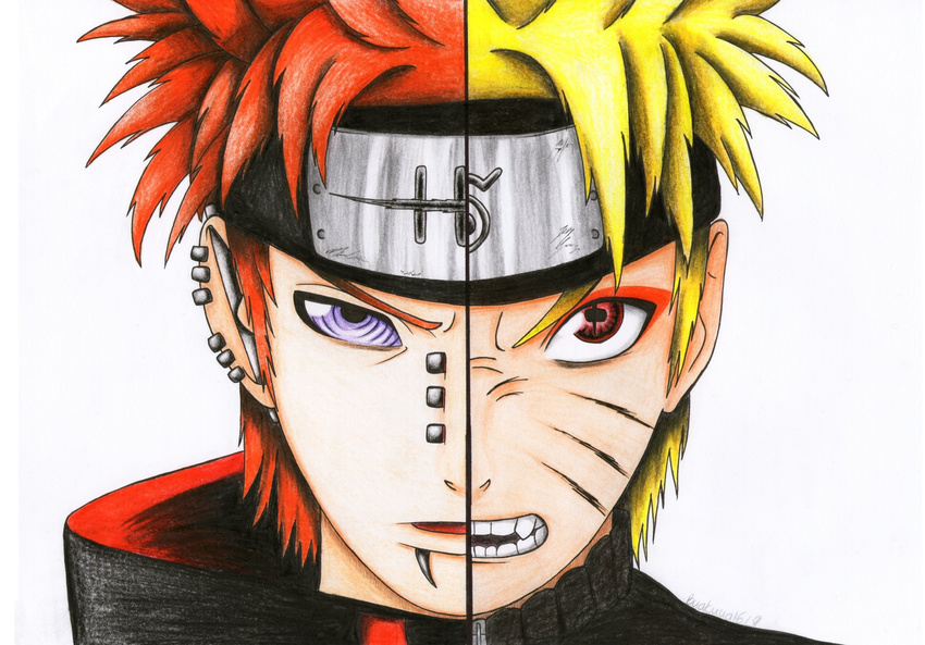 2boys absurdres age_difference angry artist_name blonde_hair byakuya1619 cloak ear_piercing face headband highres male male_focus multiple_boys naruto naruto_shippuuden ninja nose_piercing open_mouth orange_hair pain_(naruto) pein piercing portrait purple_eyes red_eyes resized ringed_eyes rinnegan serious short_hair shueisha signature simple_background slit_pupils spiked_hair split_screen teeth uniform uzumaki_naruto uzumaki_naruto_(sennin_mode) whisker_markings white_background zipper