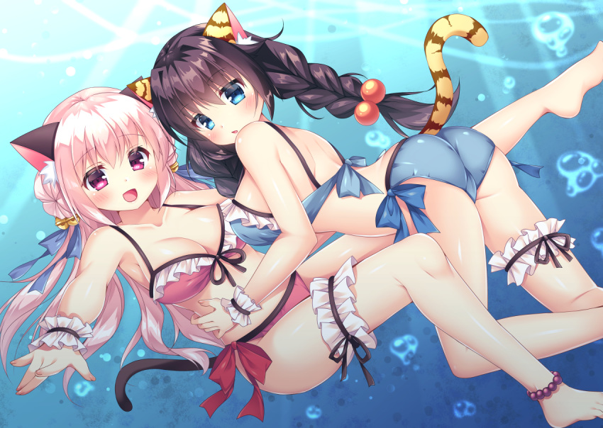 2girls :d air_bubble animal_ear_fluff animal_ears arched_back ass bangs bare_shoulders barefoot bikini blue_bikini blue_eyes blush braid breasts brown_hair bubble cat_ears cat_girl cat_tail cleavage collarbone commentary_request dappled_sunlight day double_bun eyebrows_visible_through_hair fingernails fujikura_ryuune hair_between_eyes hair_bobbles hair_ornament long_hair looking_at_viewer low_twintails medium_breasts multiple_girls nail_polish open_mouth original outdoors outstretched_arm pink_bikini pink_nails purple_eyes side-tie_bikini side_bun smile sunlight swimsuit tail tail_raised tiger_ears tiger_girl tiger_tail twin_braids twintails underwater very_long_hair water wrist_cuffs