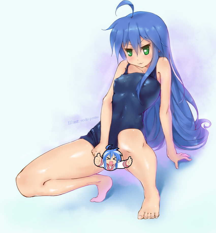 :3 ahoge bad_id bad_pixiv_id blue_hair censored ecchi_pantsu green_eyes highres izumi_konata long_hair lucky_star novelty_censor one-piece_swimsuit solo swimsuit swimsuit_aside