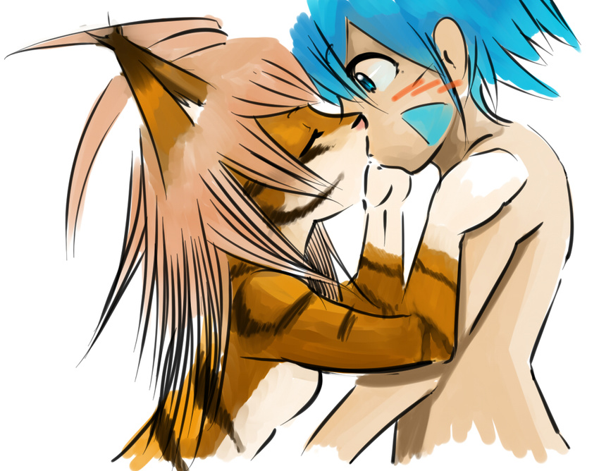 blush brown_hair duo feline female flora_(twokinds) hair human interspecies keidran kissing kyzarius male mammal nude side_view straight surprise tiger trace_legacy twokinds