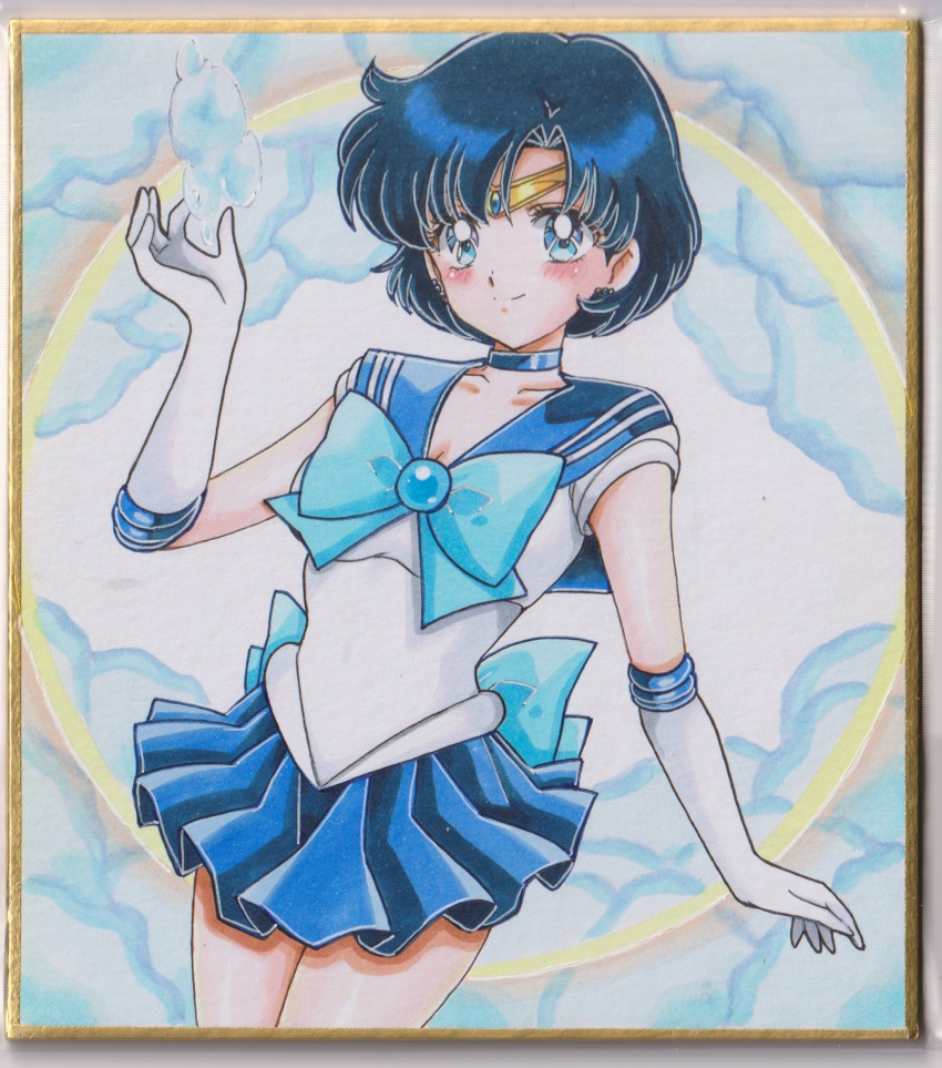 1girl back_bow bare_legs bishoujo_senshi_sailor_moon blue_bow blue_choker blue_eyes blue_gem blue_hair blue_sailor_collar blue_skirt blush bow breasts brooch bubble chikoto_(kztc4472) choker circle cleavage cloud cloud_background collarbone commentary cowboy_shot earrings elbow_gloves gem gloves gold_tiara hand_up highres jewelry leaning_to_the_side leotard looking_at_viewer magical_girl mizuno_ami parted_bangs photo_(medium) picture_frame pleated_skirt sailor_collar sailor_mercury sailor_senshi_uniform short_hair short_sleeves skirt small_breasts smile solo standing straight-on tiara traditional_media white_background white_gloves white_leotard