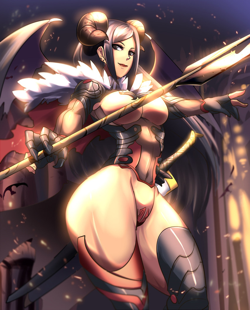 black_eyes black_legwear breasts covered_nipples highres horns large_breasts long_hair looking_at_viewer navel original purple_hair smile solo thick_thighs thighhighs thighs umakatsuhai very_long_hair