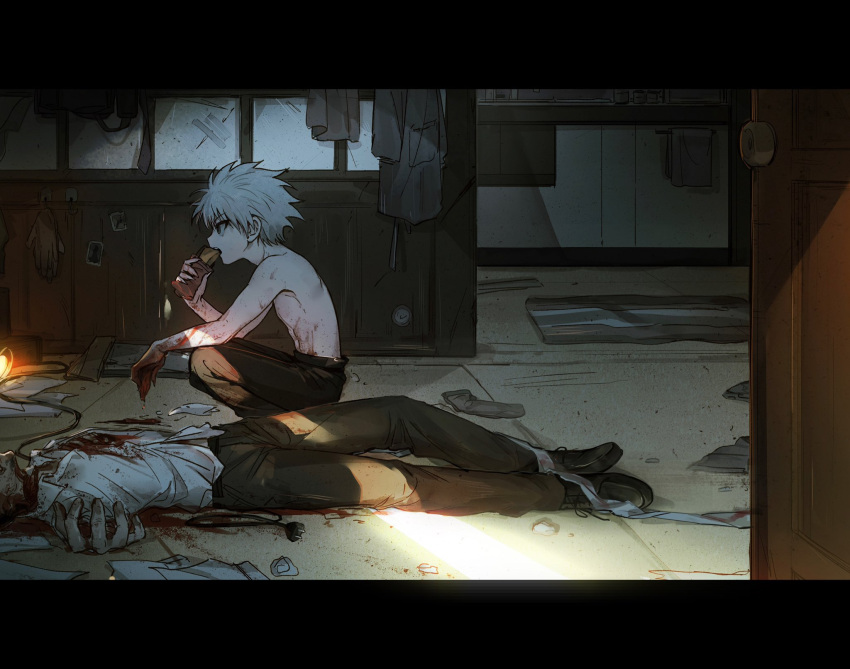 1boy abs bare_pectorals bare_shoulders black_pants black_shoes blood blood_on_body blood_on_hands cable carpet child commentary corpse destruction door eating empty_eyes fingernails food highres house hunter_x_hunter kiko killua_zoldyck looking_ahead murder neck pale_skin pants pectorals salaryman sharp_fingernails shirt shoes squatting topless_male untranslatable_commentary white_hair white_shirt