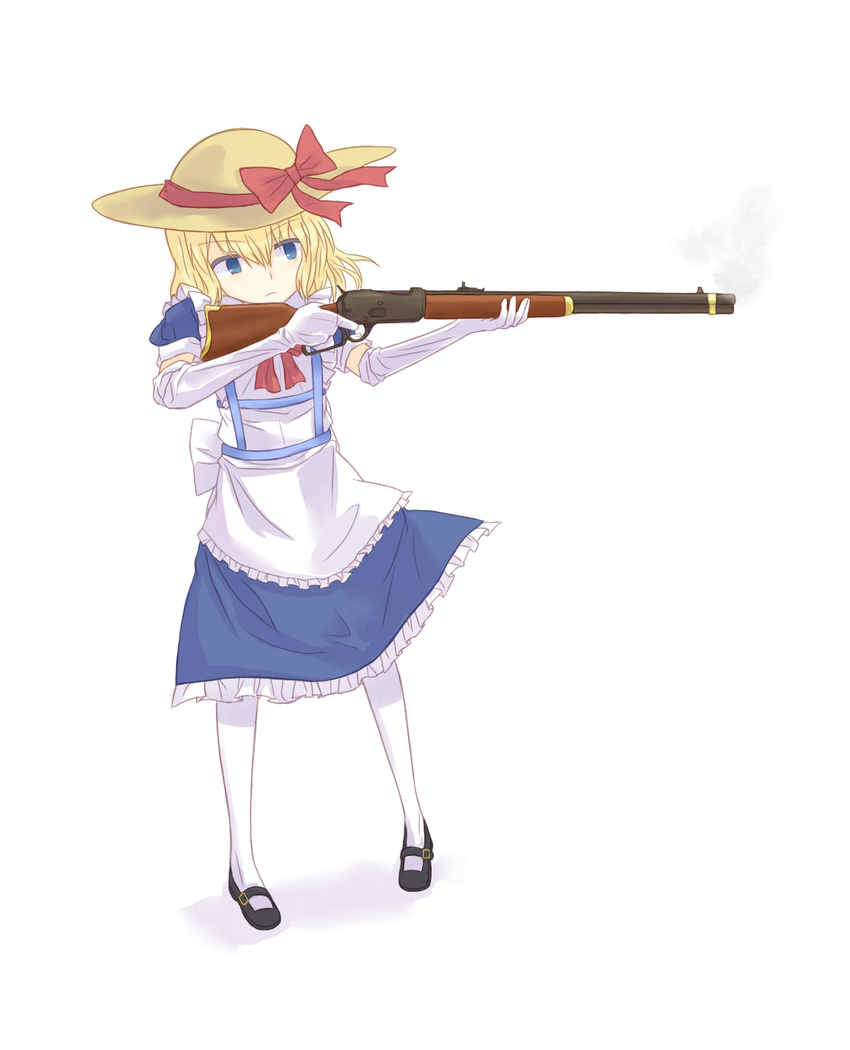 blonde_hair blue_eyes commentary_request elbow_gloves gloves gun half-life half-life_2 hat hbkhk2007 highres holding holding_gun holding_weapon kana_anaberal lever_action pantyhose pun ribbon rifle short_hair solo touhou touhou_(pc-98) weapon