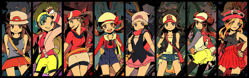 :d bag bandana baseball_cap beanie bike_shorts blastoise blaziken blonde_hair blue_(pokemon) blue_eyes blue_hair bow bracelet brown_eyes brown_hair cabbie_hat crystal_(pokemon) delphox denim denim_shorts double_bun empoleon eyewear_on_head feraligatr gen_1_pokemon gen_2_pokemon gen_3_pokemon gen_4_pokemon gen_5_pokemon gen_6_pokemon green_eyes green_hair hair_ornament hairclip handbag haruka_(pokemon) hat hat_bow high_ponytail highres hikari_(pokemon) holding holding_poke_ball jewelry kotone_(pokemon) long_hair looking_at_viewer meganium mei_(pokemon) miniskirt mizuto_(o96ap) multiple_girls open_mouth overalls pleated_skirt poke_ball pokemon pokemon_(creature) pokemon_(game) pokemon_bw pokemon_bw2 pokemon_dppt pokemon_frlg pokemon_gsc pokemon_hgss pokemon_rse pokemon_xy porkpie_hat purple_eyes serena_(pokemon) serperior shorts skirt smile sunglasses thighhighs touko_(pokemon) twintails vest wristband