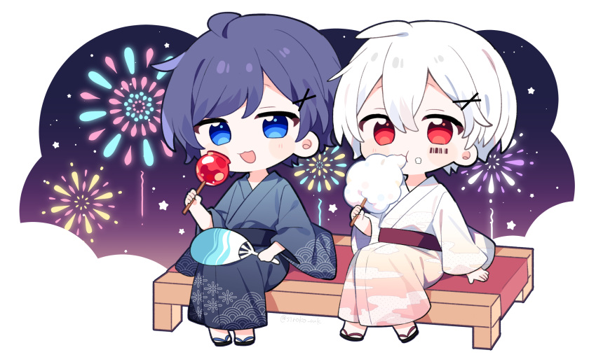2boys :3 :d aerial_fireworks ahoge barcode barcode_tattoo black_kimono black_sandals blue_eyes blush_stickers candy_apple chibi chibi_only commentary_request cotton_candy double-parted_bangs fireworks food full_body hair_between_eyes hair_ornament hand_fan highres holding holding_candy_apple holding_cotton_candy holding_fan holding_food indie_utaite japanese_clothes kimono long_sleeves mafumafu male_focus multiple_boys open_mouth purple_hair red_eyes sandals shiroko_(purinkirin) short_hair sitting smile soraru tattoo utaite white_hair white_kimono wide_sleeves x_hair_ornament