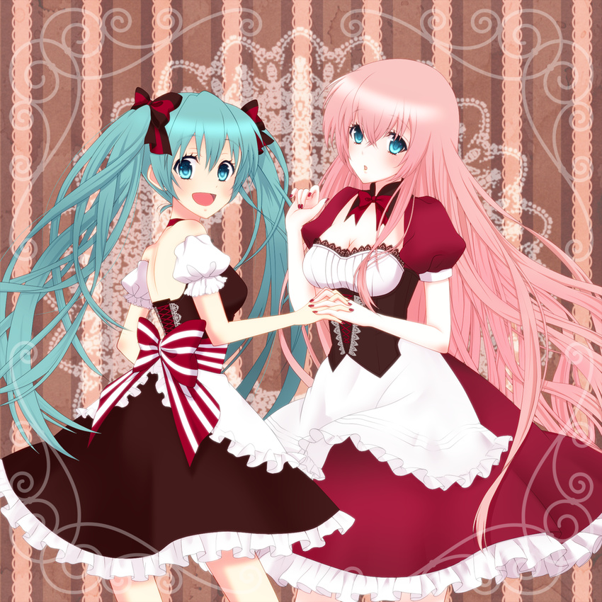 :d aqua_eyes aqua_hair bow corset dress hair_bow hatsune_miku highres holding_hands interlocked_fingers long_hair looking_back megurine_luka multiple_girls nail_polish open_mouth pink_hair smile striped striped_background twintails vertical-striped_background vertical_stripes very_long_hair vocaloid yunca