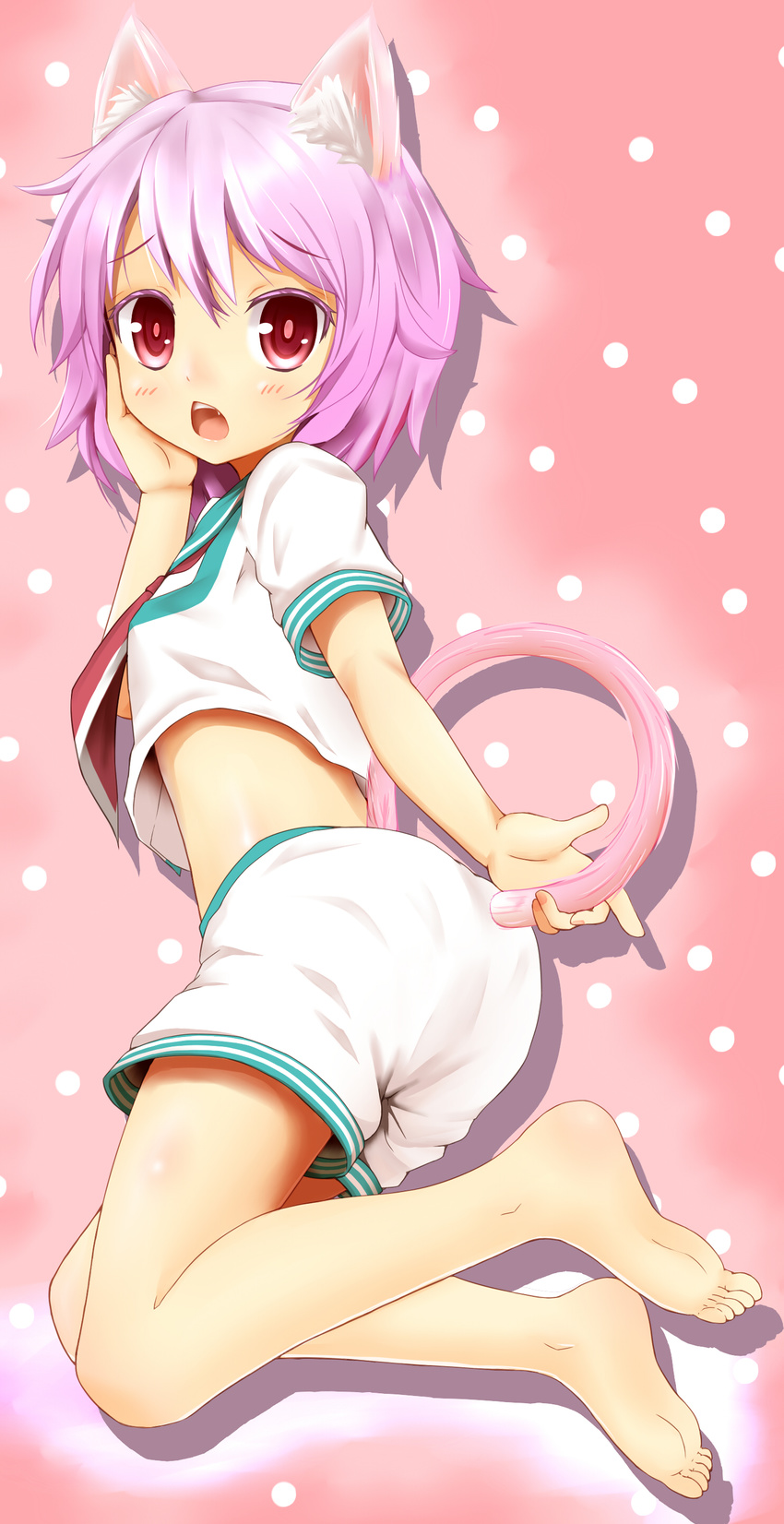 absurdres animal_ears barefoot cat_ears cat_tail crop_top crop_top_overhang feet full_body hand_on_own_cheek highres kantai_collection kemonomimi_mode looking_at_viewer looking_back midriff neckerchief open_mouth pink_background polka_dot polka_dot_background purple_hair red_eyes school_uniform serafuku shiny shiny_skin shiron_(e1na1e2lu2ne3ru3) short_hair short_sleeves shorts solo tail tama_(kantai_collection)