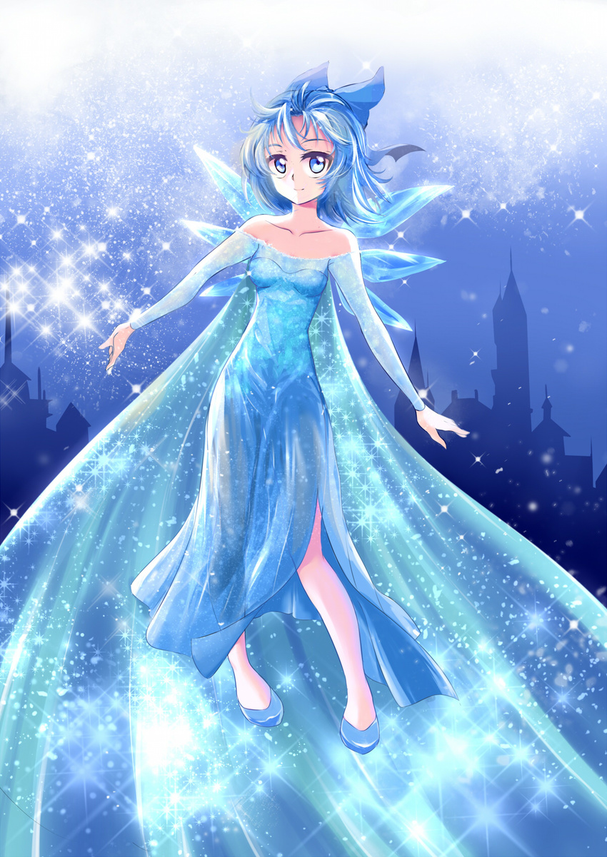 bare_shoulders blue_eyes blue_hair bow caibao cape cirno cityscape collarbone cosplay dress elsa_(frozen) elsa_(frozen)_(cosplay) flying frozen_(disney) gradient gradient_background hair_bow highres ice ice_wings looking_at_viewer power_connection short_hair smile solo sparkle strapless strapless_dress touhou wings