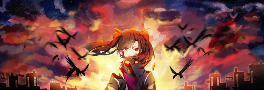 bandaid bird black_hair enomoto_takane explosion gas_mask headphone_actor_(vocaloid) headphones highres kagerou_project long_hair red_eyes solo star_(sky) syeoseul twintails