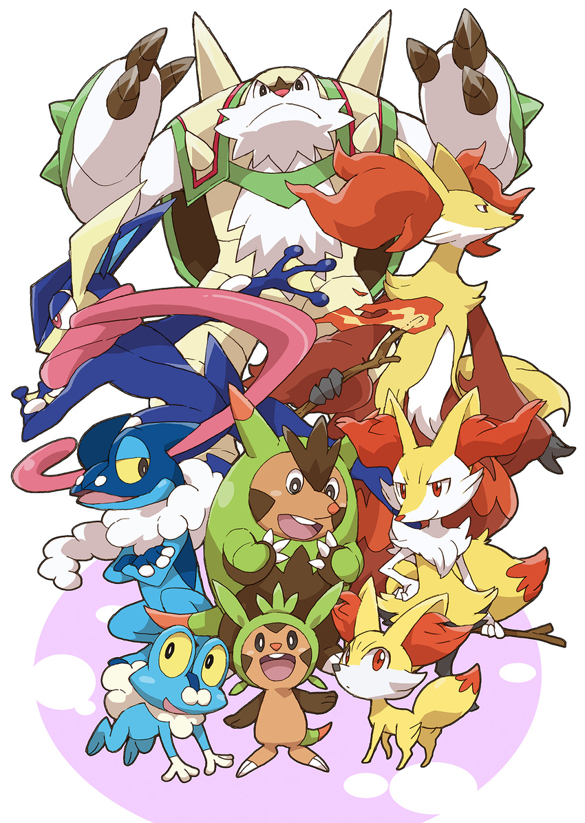 artist_request braixen chesnaught chespin delphox fennekin froakie frogadier greninja no_humans pokemon pokemon_(game) pokemon_xy quilladin white_background