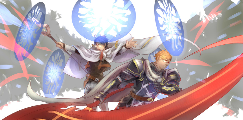 absurdres armor axe battle blue_hair cape crusty_(log_horizon) glasses highres log_horizon mosang multiple_boys red_eyes shiroe short_hair staff weapon