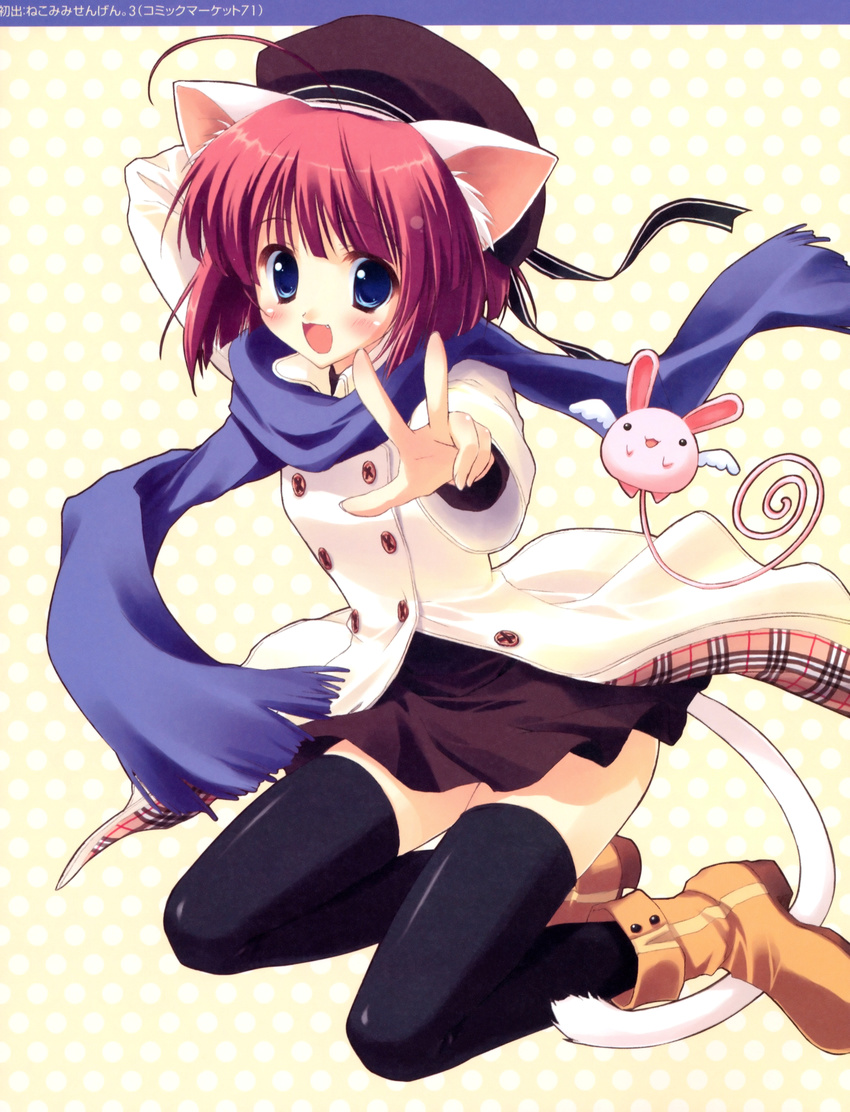 absurdres animal_ears blue_eyes boots buttons cat_ears cat_tail character_request coat foreshortening hand_on_headwear hat highres huge_filesize jacket kneeling miniskirt original outstretched_arm outstretched_hand paw_print plaid reaching red_hair ryouka_(suzuya) scarf skirt smile solo tail thighhighs v zettai_ryouiki