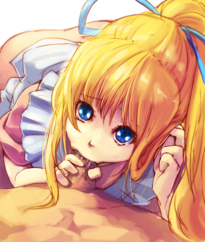 1girl apron artist_request ass blonde_hair blue_eyes bow d-zono dress fellatio highres lilith_aileron long_hair no_panties oral ponytail solo_focus tales_of_(series) tales_of_destiny waitress