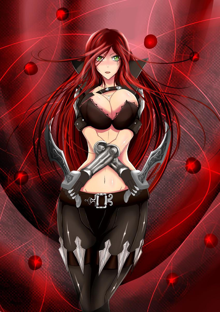 blush breasts cleavage green_eyes highres huge_breasts katarina_du_couteau knife league_of_legends leather leather_pants midriff pants red_hair scar solo torahime_(roland00)