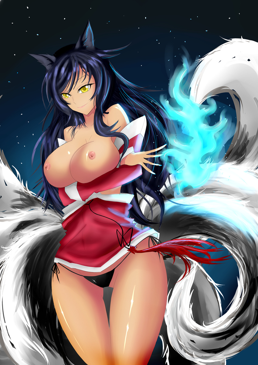 ahri animal_ears blue_hair breasts fox_ears fox_tails large_breasts league_of_legends long_hair nipples pantie panties torahime_(artist) torahime_(roland00) underwear yellow_eyes